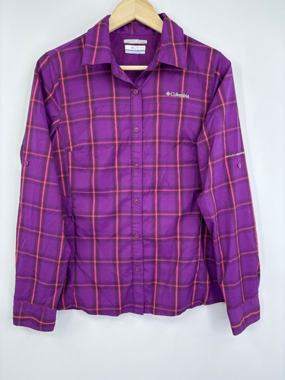 Columbia Womens Omni Shade Sun Protection Roll Sleeve Button Shirt Purple Medium